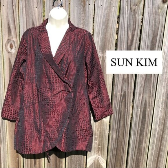 Sun Kim Small Jacket Red Black Cheetah Leopard Blazer Top Long Sleeve Metallic - Picture 1 of 7